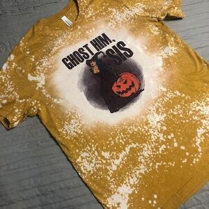 Graphic tees women Halloween "Ghost‎ Him Sis" Fun Nolvety Tee Large Bleach out